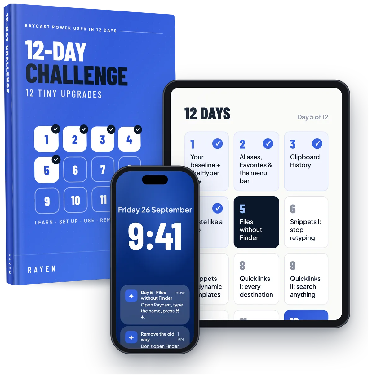 The 12-Day Challenge book, the day calendar on a tablet and a reminder on a phone